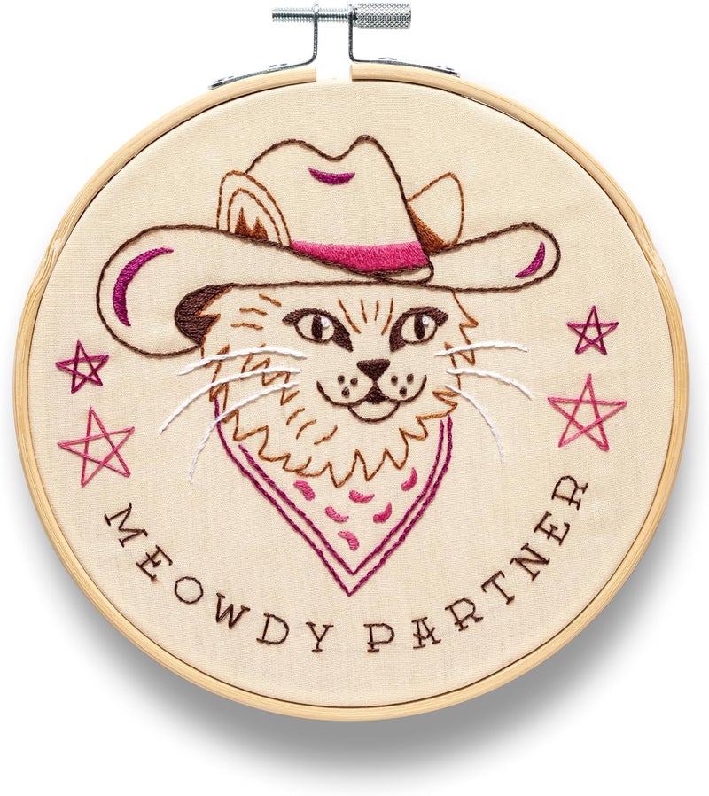 Meowdy Partner Embroidery Kit | Funny Beginner Needle Work Starter Set for Adults | Needlepoint DIY Arts and Crafts | Cross Stitch Set with Bamboo Hoop Floss Needles Threader Printed Fabric